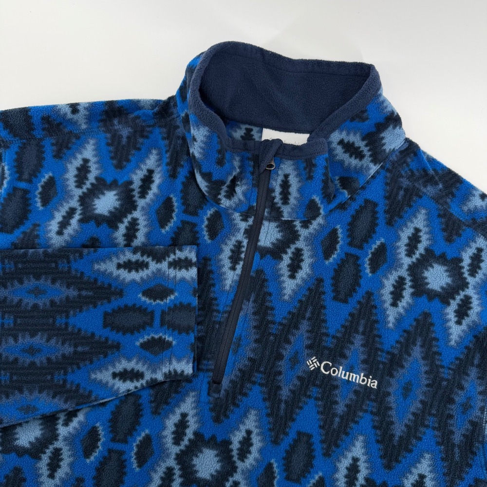 Columbia Fleece Pullover Mens Large Blue Geometric Ikat Quarter Zip Sweater